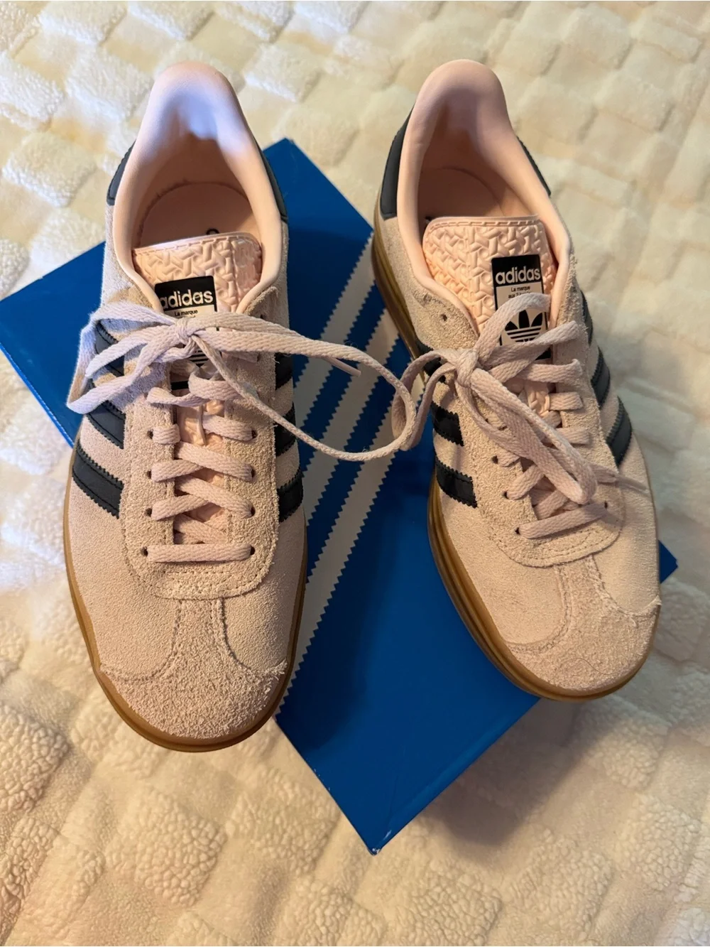 adidas Women’s Gazelle Platform Sneakers in Beige with Black Stripes